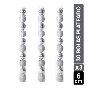 TUBOS BOLAS NAVIDEÑAS X30 PLATEADO BRILLANTE/ESCARCHADO 6 CM