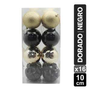 SET X 16 BOLAS NAVIDEÑAS SURTIDO DORADO/NEGRO 10CM