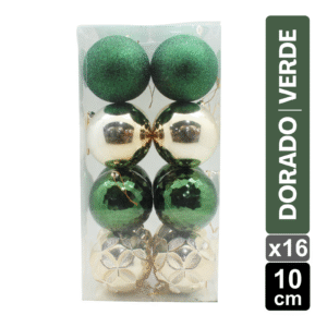 SET X 16 BOLAS NAVIDEÑAS SURTIDO DORADO/VERDE 10CM