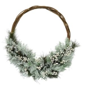 CORONA 50CM MONOFILAMENTO CON BERRIES PERLAS Y ESPIGA NEVADA